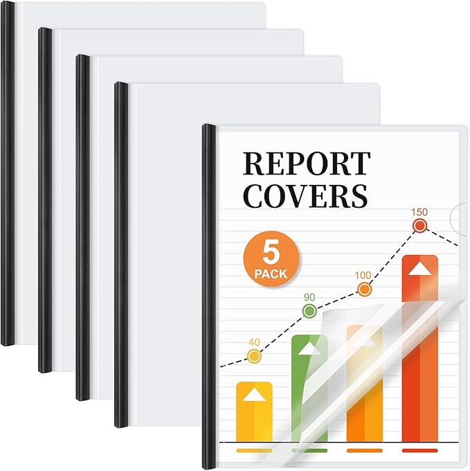 JOERSH 5Pcs Clear Report Covers with Sliding Bar, 40 Sheet Capacity Plastic Binder Paper Protector, Report Folders with Clear Cover for Resume File Documents, Black
