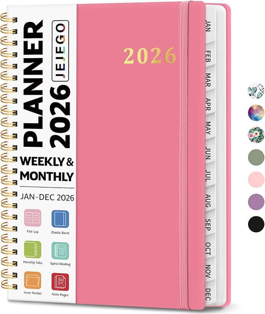 2026 Planner, Weekly and Monthly Calendar Planner Book, January 2026 - December 2026, Hardcover Spiral Planner with Monthly Tabs, Notes Pages, Perfect for Women & Men, A5 (6.4" x 8.5") - Rose Red