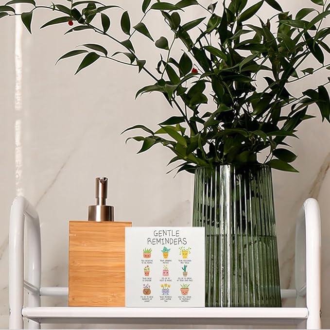Mental Health Wooden Signs - Gentle Reminders Wooden Box Sign, Inspirational Potted Plant Desk Sign, Therapy Office Decor, Motivated Gifts, 5 X 5 Inches