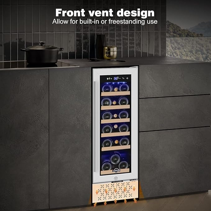 Tylza 12" Wine Cooler Refrigerator, 18 Bottle Wine Fridge Built-in or Freestanding with Stainless Steel & Double-Layer Tempered Glass Door, Compressor Fast Cooling, Low Noise and No Fog, Mini Fridge