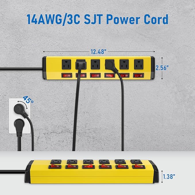 ANNQUAN 6 Outlet Metal Power Strip with 6 Individual Switches,Heavy Duty Power Strip 1200J 15A 25FT Cord Home Office Industrial Commercial Shop