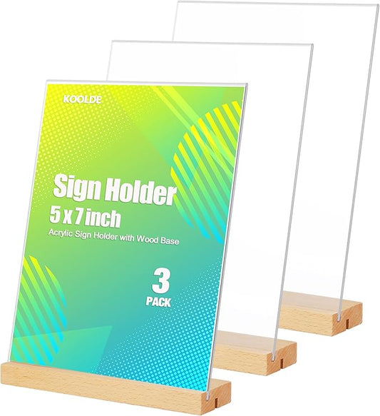 3 Pack Acrylic Sign Holder with Wood Base, Vertical and Slant Menu Flyer Stand, Double Sided Clear Display Stand for Restaurant, Wedding, Store, Office (5x7'', L/T Shape 2 in 1)