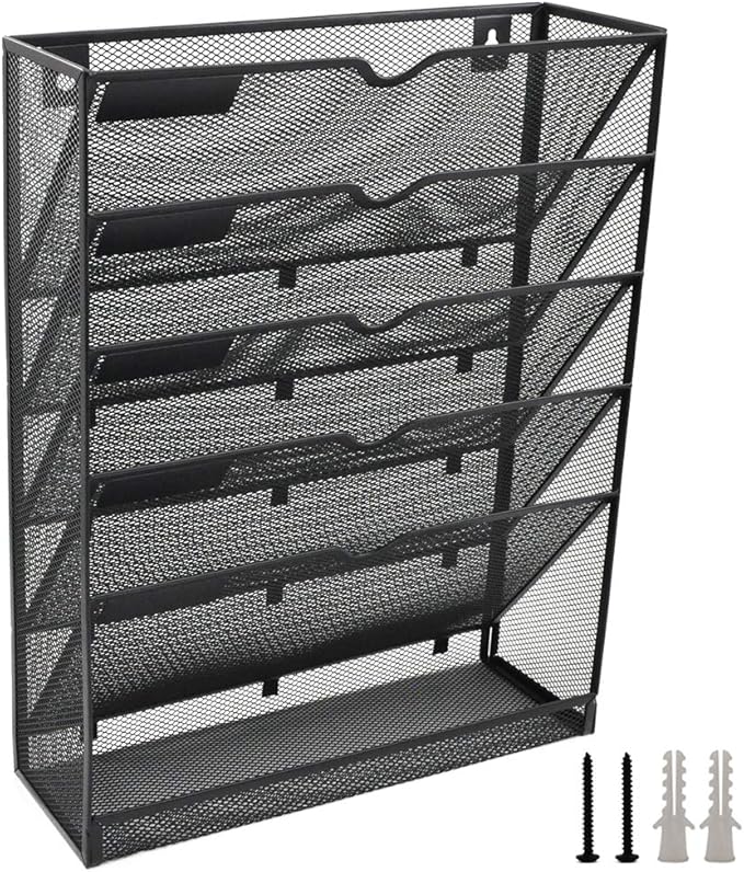 EASEPRES Desk File Organizer Mesh 6-Tier, Hanging Wall Mount Document Organization Stand, Desktop Vertical Mail Paper Folder Holder Rack with Bottom Tray for Office Home Cubicle, Sides Closed, Black