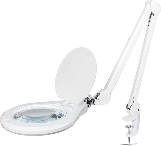 Neatfi Elite XL HD Bifocals Super LED Magnifying Lamp with Clamp, Glass Lens, 6500K, Glare-Free, Nonpolar Dimming (6 Inch Lens, White)