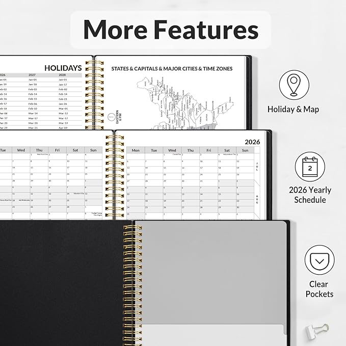 SUNEE 2026 Planner - Weekly and Monthly Calendar Planner from January 2026 - December 2026, 6.4" x 8.3" Daily Agenda with Monthly Tab, Flexible Cover, Note Pages, Pockets, Bookmark, Spiral Binding, Black