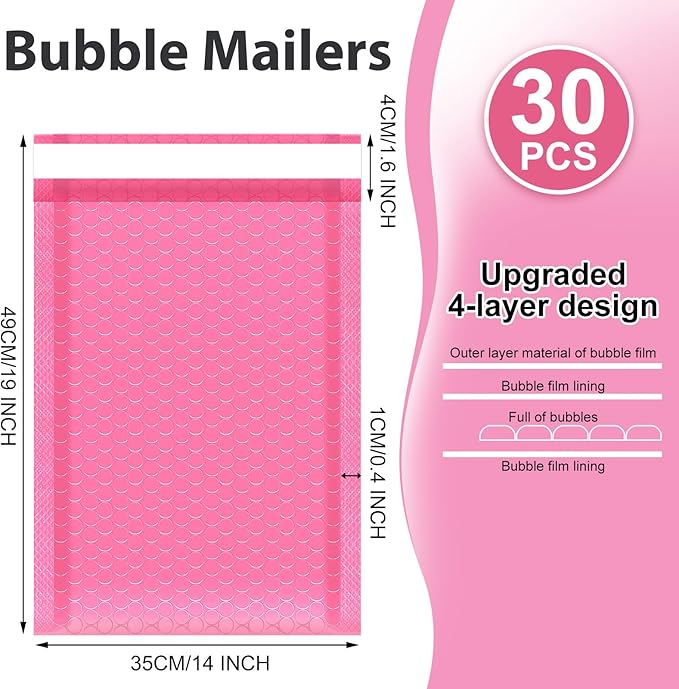 Henoyso 30 Pcs Extra Large Bubble Mailers 14 x 19 Inches Resealable Padded Envelopes Waterproof Shipping Bags Poly Padded Mailers Bulk for Mailing Packaging Small Business(Pink)