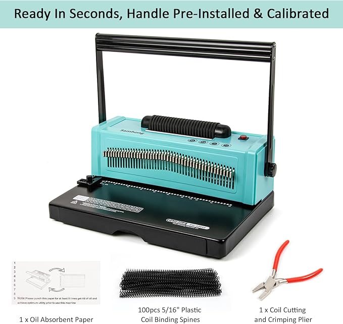 SAMHONG Spiral Coil Binding Machine - Electric Coil Inserter & 20-Sheet Punch (Letter/A4/A5) | 46 Fully Disengaging Dies | Adjustable Margins | Bind up to 440 Sheets | Free Coil Spines & Plier