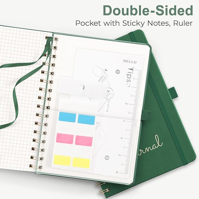 EMSHOI A4 Graph Grid Notebook - 110 Pages 100GSM Grid Paper, Vegan Leather Floral Cover with Spiral Binding for Engineering, Bullet Journaling, School & Work - Includes Ruler, Pockets -Dark Green