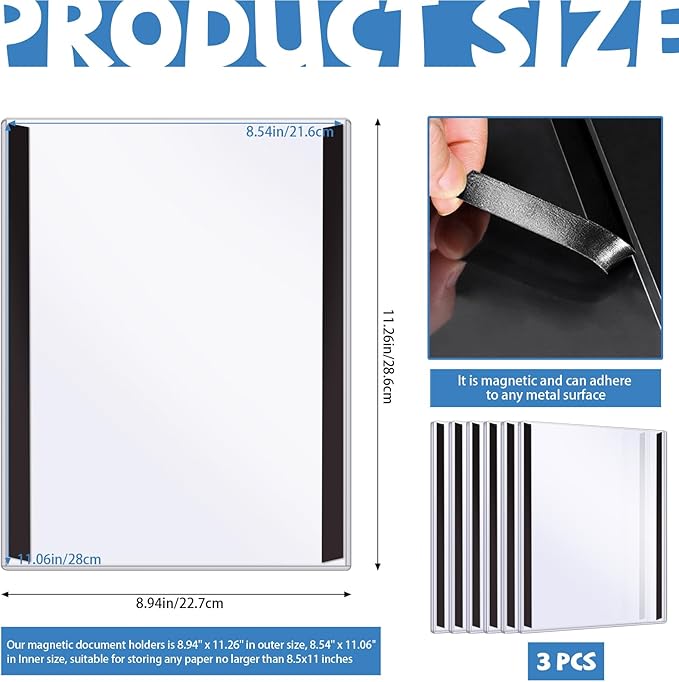 6 Pack 8.5'' x 11'' Rigid Magnetic Paper Holders, Hard Plastic Letter Size Clear View Page Sleeves Protectors Document Frames Reusable Magnetic Sign Holder for Home Office Store Displays