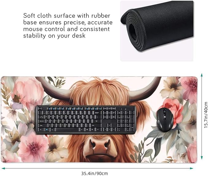 35.4 x 15.7 in, Waterproof XXL Large Mouse Pad for Desk, Extended Keyboard Mouse Mat for Computer Office, Big Laptop Mouse pad, Gaming Pc-Highland Cow Pink Floral