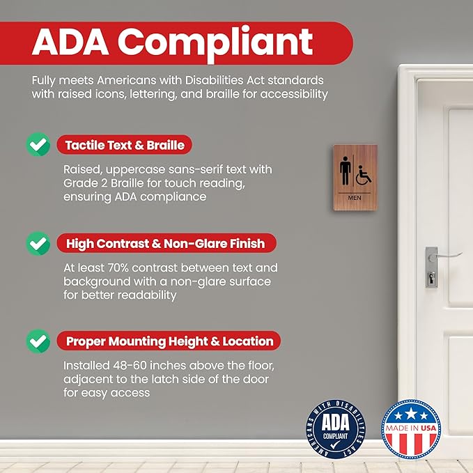 Promot Men and Women Handicap Restroom Sign – ADA Braille Bathroom Sign for Business, Self-Adhesive, 9" x 6", Commercial Door Signage, Office Wall Decor - Chestnut