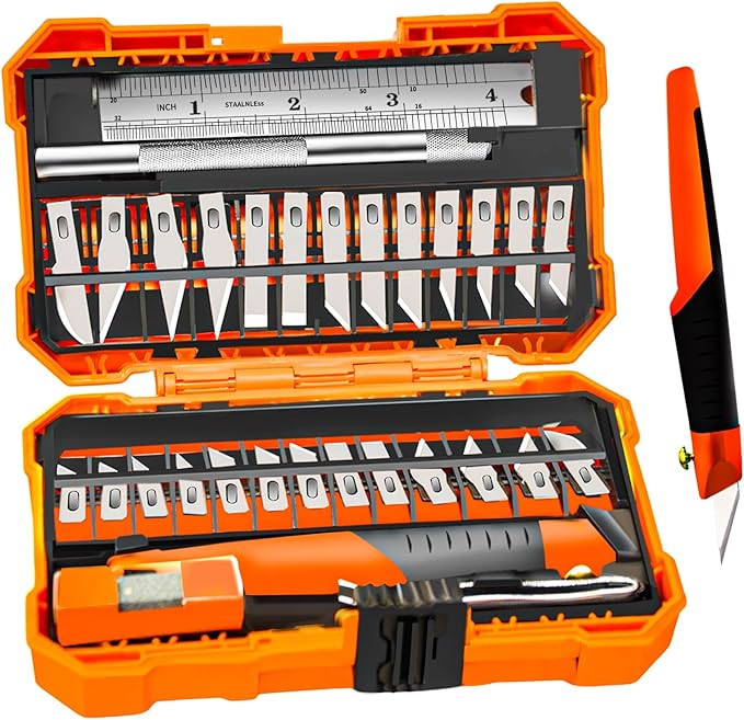 31-Pcs Exacto Knife Set,Precision Hobby Knife Set with Tweezers,Grindstone,Steel Ruler,SK5 Blades for Crafting,Modeling,Carving,Stencil-Craft Knife Storaged with Beautiful Plastic Case
