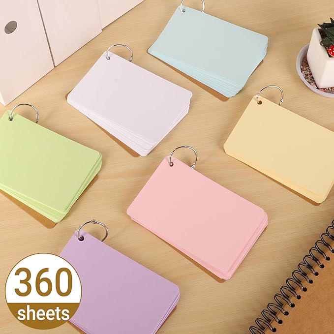 6 Pack Blank Index Cards 4 x 6 Inches, 360 PCS Colored Blank Index Flashcards Blank Flash Cards with Rings, Note Cards Punched for Study, Office and Home