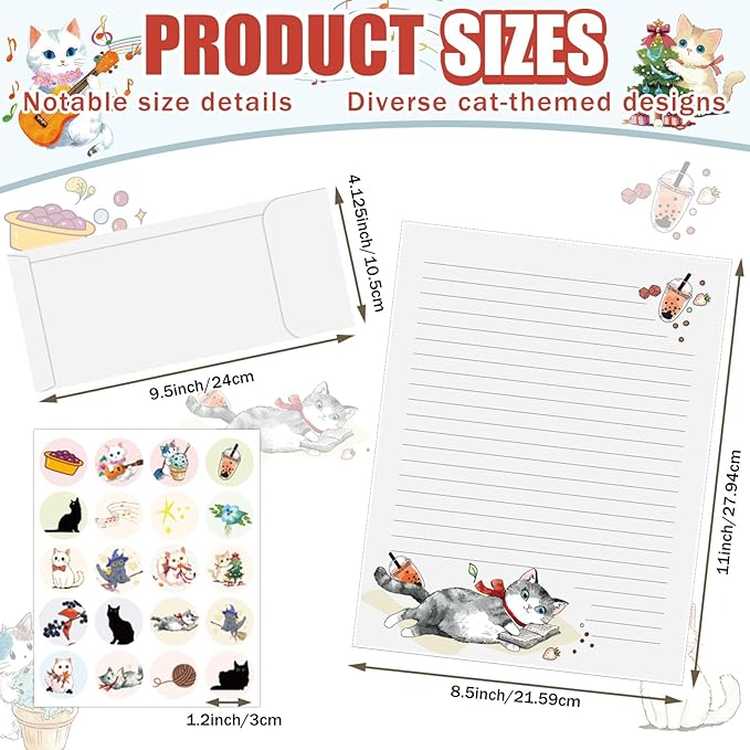 250Pcs Cute Stationery Paper and Envelope Set with 100 Letterhead Papers and 50 Envelopes, 10 Design for Letter Writing Invitations Computer Holidays Party Notes, 8.5x11 Inch- Lined Cat