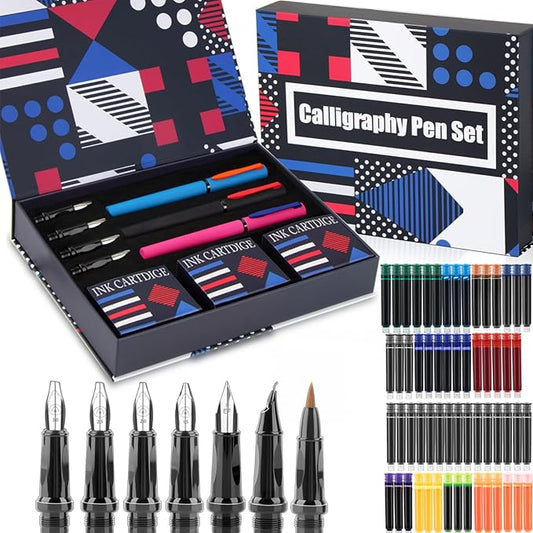 Calligraphy Pen Set,Fountain Pens with 7 Different Replaceable Nibs with 60 Ink Cartridges(12 Colors),Calligraphy Set for Beginner Writing Drawing