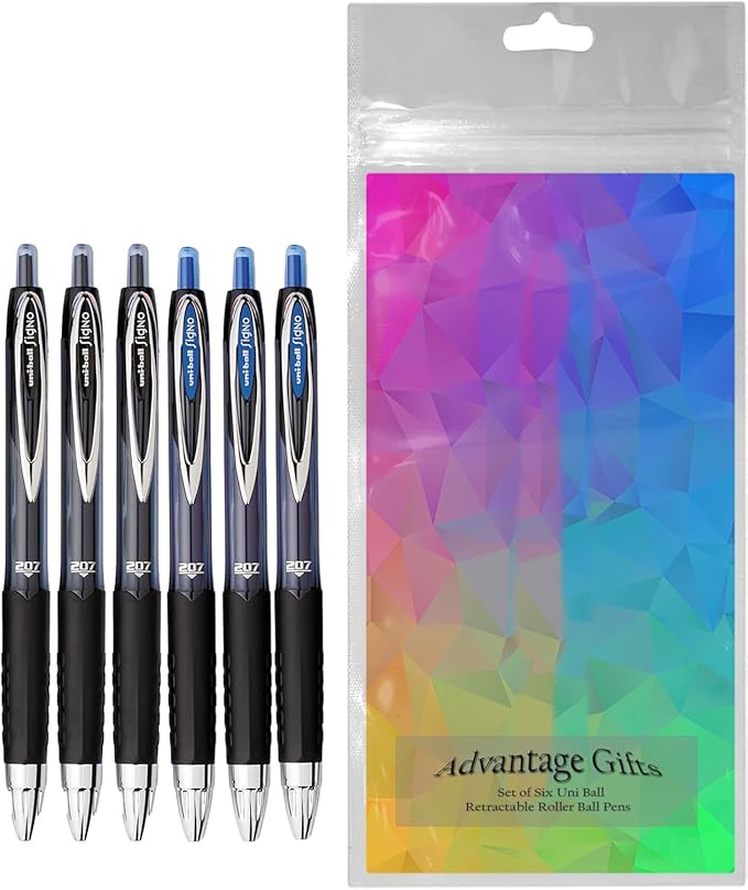 Signo 207 Roller Ball Retractable Gel Pens, Medium Point (0.7mm), Black And Blue Ink, 6 Count, Bundle with Plastic Reusable Pouch