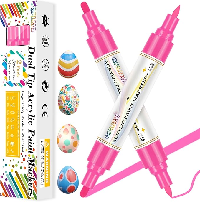 Paint Markers Paint Pens - 2 Pack Dual Tip Acrylic Permanent Marker (0.7mm & 3mm), Non-Toxic, Water-Based for Art Painting, Stone, Ceramic, Glass, Wood, Fabric, Metal, DIY Crafts (Pink)