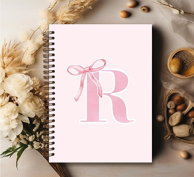 Coquette Trendy Preppy Pink Bow Spiral Notebook,Initial R Journal Personalized Teen Girl Gifts,Monogrammed Gifts for Women Teen Girl,College Ruled Hardcover Spiral Notebook 5.5 x 8.3