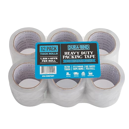 Durabind Heavy Duty Packing Tape 12 Pack. Rolls are 60 Yards x 2in. Tough Clear Tape for Shipping, Packing, Moving, Mailing, and All Box Types. Professional Grade. (12)
