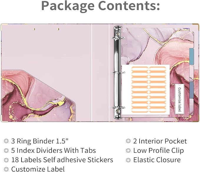 Ospelelf 3 Ring Binder 1.5 Inch, Pink Clipboard Organizer for Letter Size Documents (11" x 8.5") with 5 Tab Dividers, File Folder Labels, Paper Marble Binders for School and Office Supplies