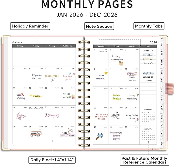 AHGXG 2026 Planner, Weekly and Monthly, 2026 Calendar, Jan 2026 - Dec 2026, Hardcover with Monthly Tabs, 100 GSM Thick Paper, for Women School Home Office Supplies, 6" X 8.38", Pink