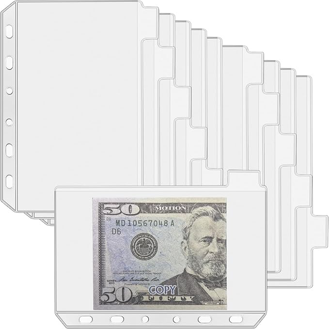 12PCS A7 Binder Pockets with No Zippers, Zipless Budget Envelopes with Index Bits Design, A7 Binder Pouch for 6 Ring Binder, Money Folder Organizer,Clear PVC Savings Challenges Envelopes,12PCS