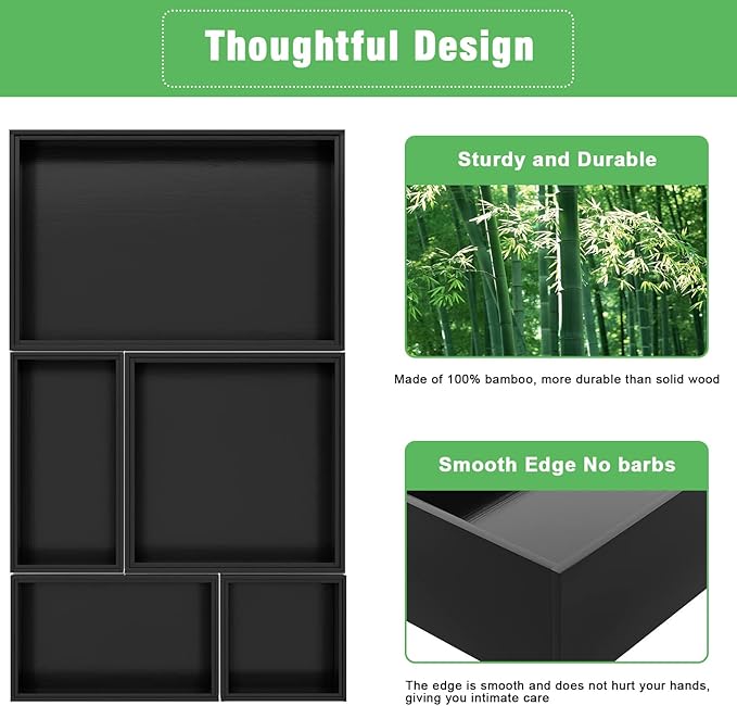 Black Bamboo Bathroom Drawer Organizer, Wooden Kitchen Utensil Holder Set of 5, Stackable Junk Drawer Organizer Tray, Multi-Use Storage Bins Boxs Dividers for Home, Office, Clothing, Makeup, Jewelry