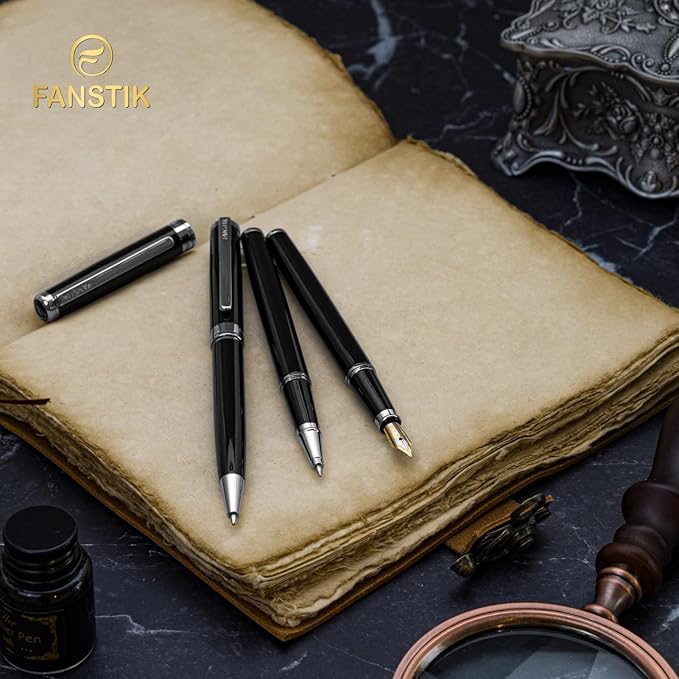 Black & Silver Luxury fountain pen (Made In USA) fancy gift set for women, Chrome Finish, Professional executive pen gift set for men (Lux fountain Black-Silver)