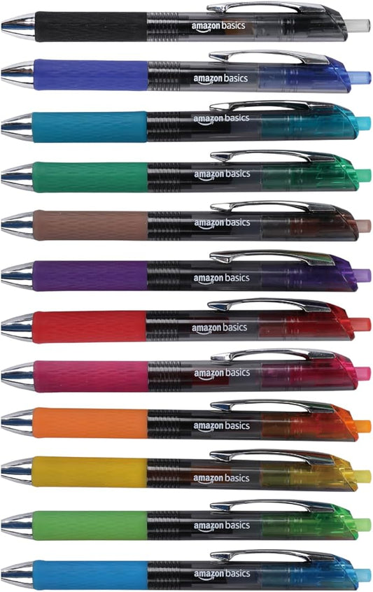 Amazon Basics Gel Pens Fine Point Smooth Writing Pens, Retractable, Assorted, 0.7mm, 12 Pack