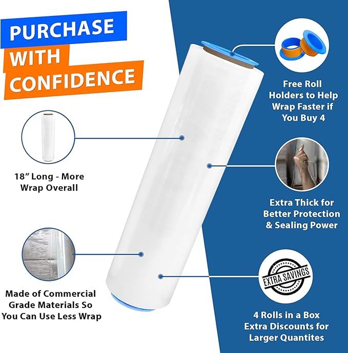 4 Rolls x 18" x 1500 FT x 80 Gauge Clear Non-Stretch Heavy Duty Plastic Stretch Wrap Shrink Film | Shipping Packaging Moving Packing Logistics | Thicker Extra Durable Film | Wrap Holder Included