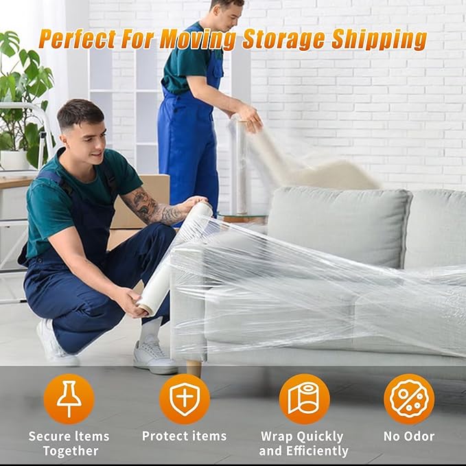BETU Plastic Wrap Stretch Film for Moving Supplies 15inch X 1000ft, Shrink Wrap Stretch Roll Industrial for Furniture Wrapping Shipping Pallet Moving Boxes Storage with Handles, 2 Pack, Clear
