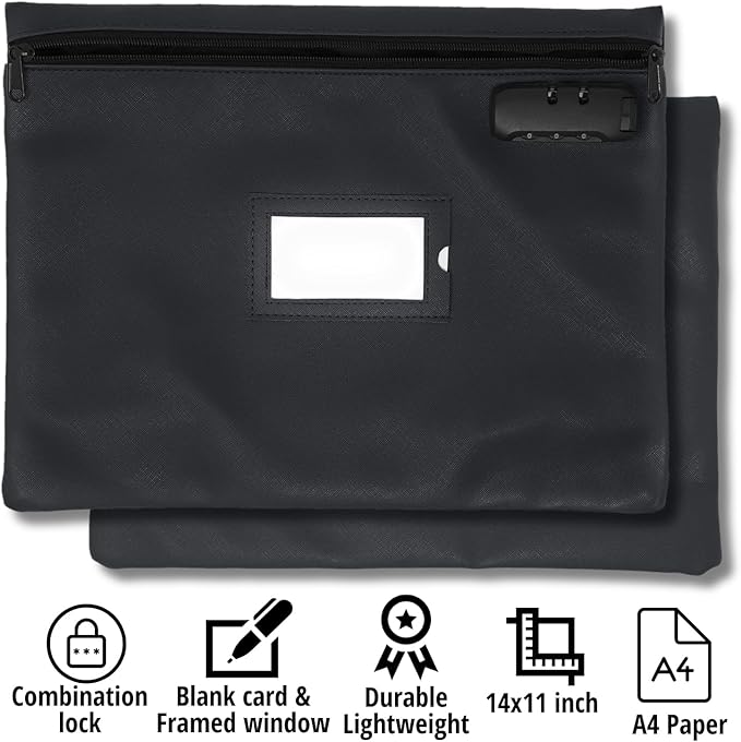 Notary Bag with Lock | 14x11 inch | Black | Zipper Notary Supplies Bag | Locking Notary Bag for Notary Kit, Stamp, Embosser, Ink Pad, and Valuables | Locking Document Bag | Journal Carrying Case