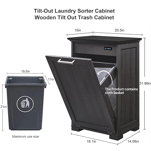 OLD CAPTAIN Wooden Tilt Out Trash Cabinet, Hidden Trash Can Kitchen Holds 10 Gallons (Dark Brown+Black Top Panel)
