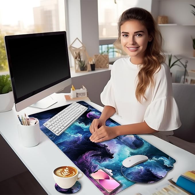 Galaxy Mouse Pad Set Large Desk Matt for Desktop, Ergonomic Mouse Pad with Wrist Rest, Gaming Mousepad Wrist Support Keyboard Mat Cup Coaster Set Cute Office Desk Decor Accessories