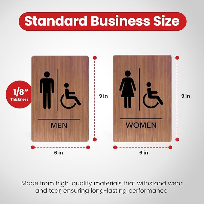 Promot Men and Women Handicap Restroom Sign – ADA Braille Bathroom Sign for Business, Self-Adhesive, 9" x 6", Commercial Door Signage, Office Wall Decor - Chestnut