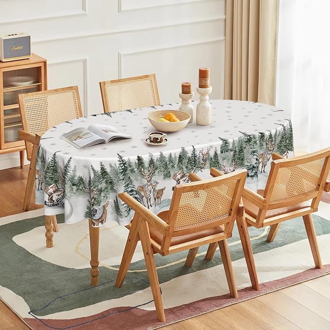 Horaldaily Christmas Tablecloth 60×84 Inch Oval, Deers Snowman Trees White Washable Table Cover for Party Picnic Dinner Decor