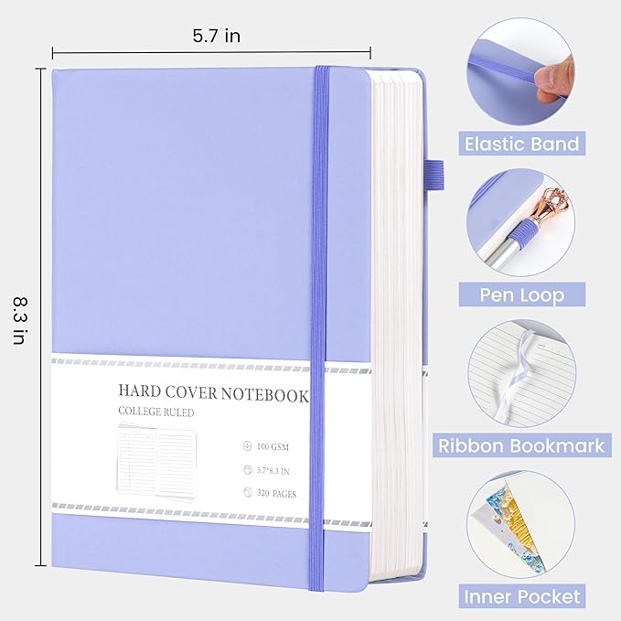 CAGIE Purple Journal Notebook for Women Men 320 Pages 100 Gsm Paper Thick Lined Journaling Notebooks A5 Leather Journals for Writing Hardcover Journal SuppliesDiary, 5.7x8.3 In