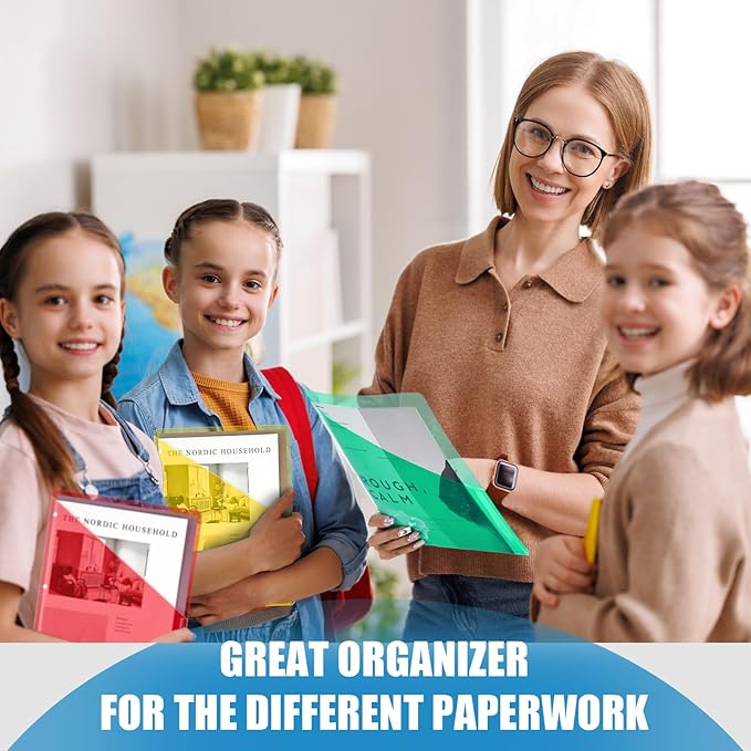 Seajan 48 Pcs Pocket Folders for 3 Ring Binder Clear Plastic Folders Sleeves with 2 Pockets 3 Hole Punch Binder Dividers Poly Slash File Jackets for Office School Document Organizer (Multicolored)