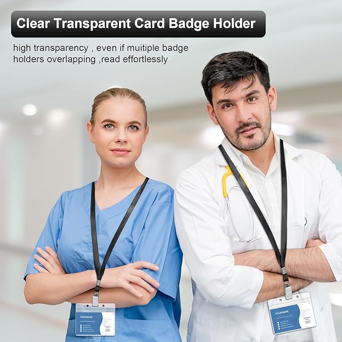 100 Pcs Lanyards for ID Badges and 100 Pcs Clear Name Tag Holders Reusable Lanyard with Clip Plastic ID Card Badge Holder Name Badges for Adults Kids Business School Office Supplies (Black)