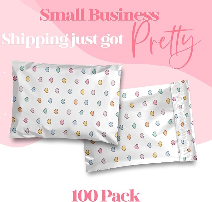 14.5x19 Designer Poly Mailer 100 Pack Heavy Duty Waterproof Self Seal Shipping Bags for Small Business Large Mailing Envelopes Bulk Tear Resistant Packaging Preppy Hearts