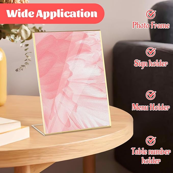 12 Pack Acrylic Sign Holder 8.5 x 11 Gold Vertical Plastic Sign Holder 8.5 x 11 Standing Clear Flyer Display Holder Menu Picture Paper Display Stand for Hotel, Office, Restaurant