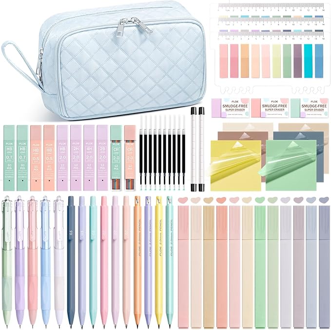 62PCS Aesthetic School Supplies with Cute Pencil Case, Pastel Highlighters Black Ink Gel Pens Mechanical Pencils Kit, Back to School Supplies College Essentials Preppy Stationary Set for Student Girls