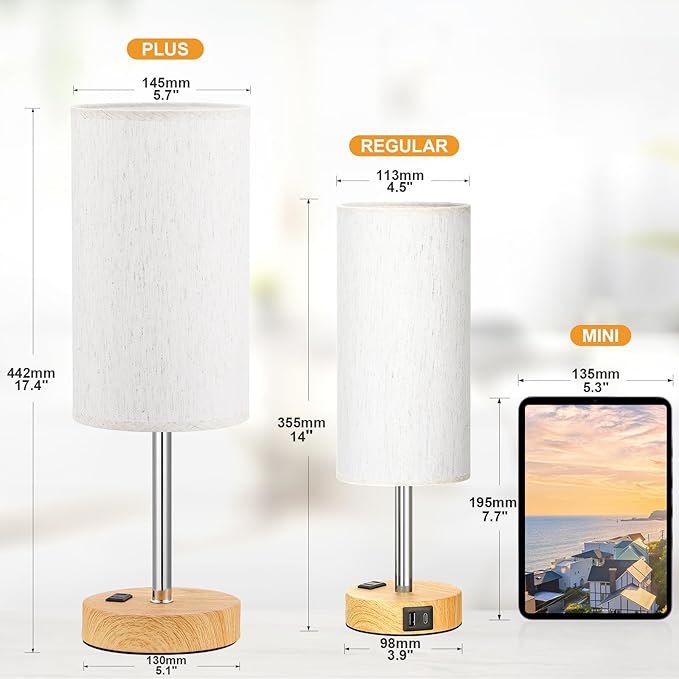 Fenmzee Touch Table Lamp - Cream, 3-Way Dimmable, USB A + C Charging, AC Outlet, 17.4inch Medium, Wood Grain Base