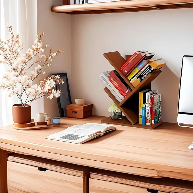 Godferyxin Tree Bookshelf,Desktop Book Shelf,3 Tier Wood Mini Bookshelf and Book Tree for Office, Home or School Desk Book Shelf for for Displaying Books, CDs, Magazines Wood Storage Rack