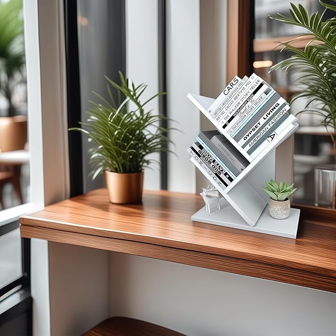 Godferyxin Tree Bookshelf, 3-Tier Wood Mini Bookshelf and Small Bookcase for Office, Home or School Desk Book Shelf for for Displaying Books, CDs, Magazines Wood Storage Rack-Whit