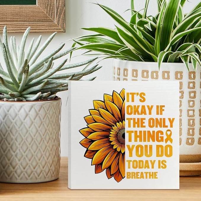 Therapy Office Desk Wooden Box Sign Decor, Suicide Prevention Sunflower Wood Box Sign Decorations for School Psychologist Therapy Office, Gifts for Therapist Psychologist School Counselor, It's Okay