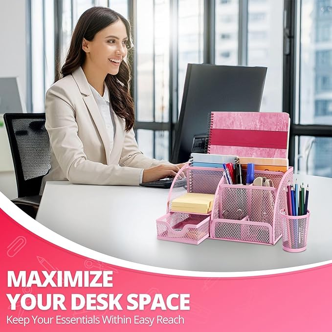Flexzion Desk Top Caddy Organizer - Pink Office Desk Accessories Organizer and Storage - Metal Mesh Desk with 6 Compartments, Drawer and Pen Holder