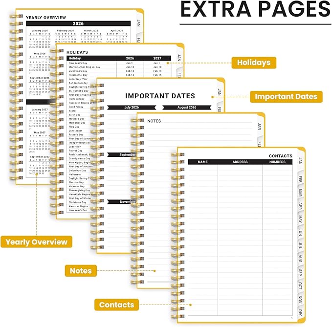 2026 Planner, Weekly and Monthly Calendar Planner, January 2026 - December 2026, Hardcover 2026 Calendar Planner Book with Tabs For Women & Men, Inner Pocket, Spiral Bound, Perfect for Office Home School Supplies - A5 (6.3" x 8.5"), Yellow