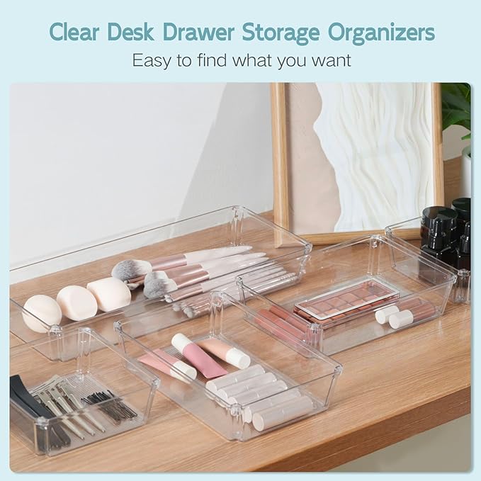 12 Pack Large Clear Plastic Drawer Organizer Trays, Desk Drawer Organizers and Storage Dividers, Non-Slip Storage Bins for Jewelry, Snacks, Office, Bathroom, Bedroom and Kitchen