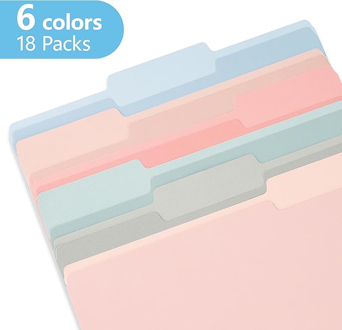 Two Tone Color File Folders,18 Pack 6 Pastel Colors Manilla Folders 8.5x11,Assorted Colors 1/3 Cut Tab File Folders Letter Size,School Business Office Folders for Document